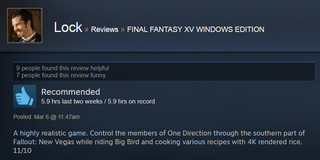 Illustration for article titled Final Fantasy XV, As Told By Steam Reviews